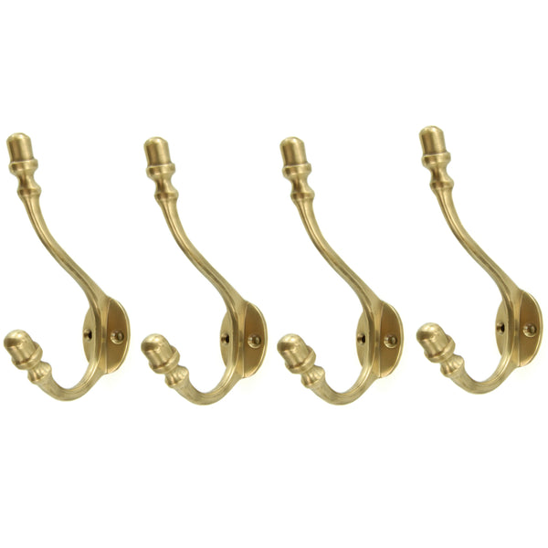 Set of 4 Unlacquered Aged Solid Brass Wall Hooks Door Coat Rack