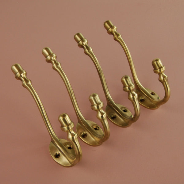Set of 4 Unlacquered Aged Solid Brass Wall Hooks Door Coat Rack