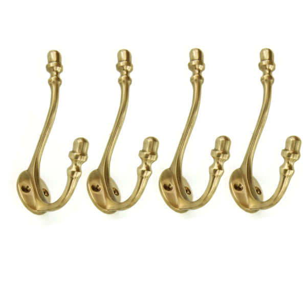 Set of 4 Unlacquered Aged Solid Brass Wall Hooks Door Coat Rack
