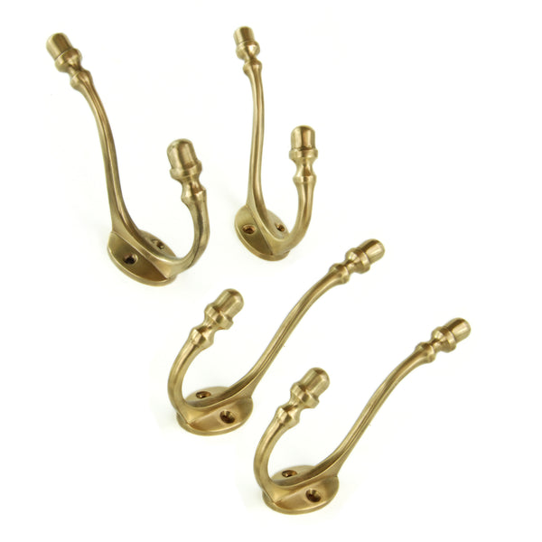 Set of 4 Unlacquered Aged Solid Brass Wall Hooks Door Coat Rack