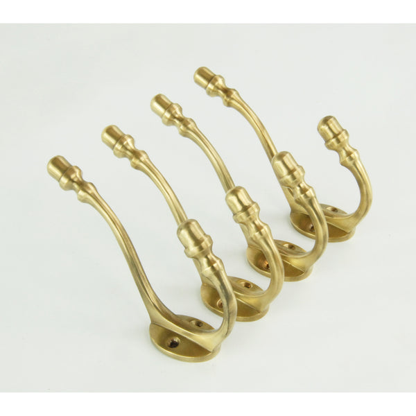 Set of 4 Unlacquered Aged Solid Brass Wall Hooks Door Coat Rack