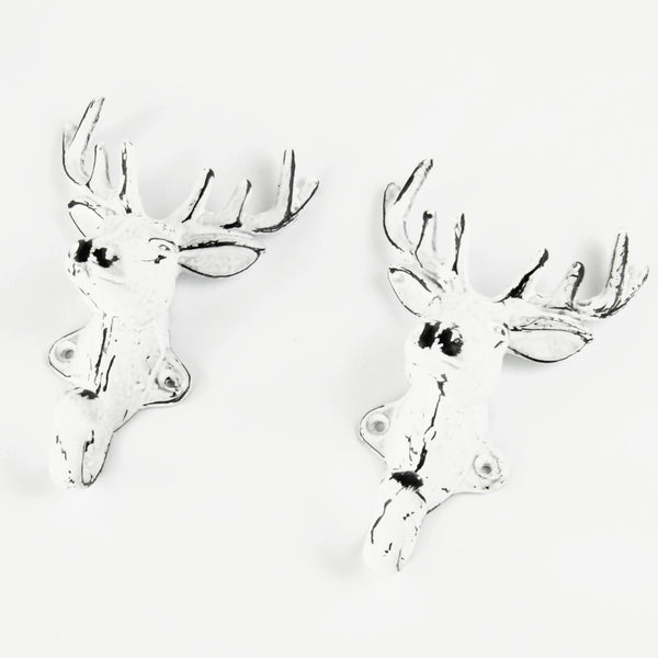 Set of 2 White Stags Head Deer Cast Iron Wall Hooks Coat Rack Pegs