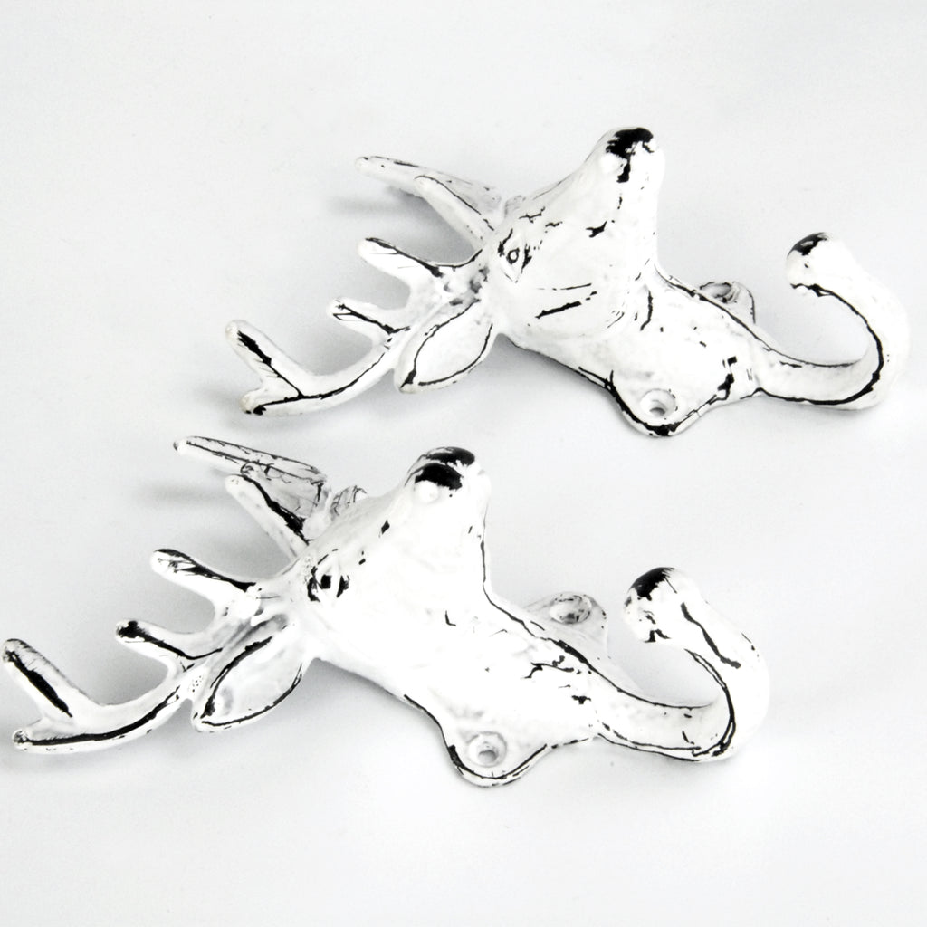Set of 2 White Stags Head Deer Cast Iron Wall Hooks Coat Rack Pegs