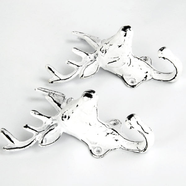Set of 2 White Stags Head Deer Cast Iron Wall Hooks Coat Rack Pegs
