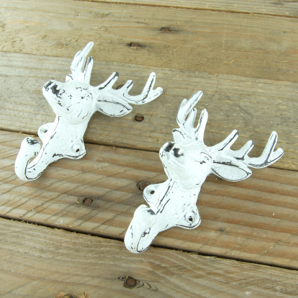 Set of 2 White Stags Head Deer Cast Iron Wall Hooks Coat Rack Pegs