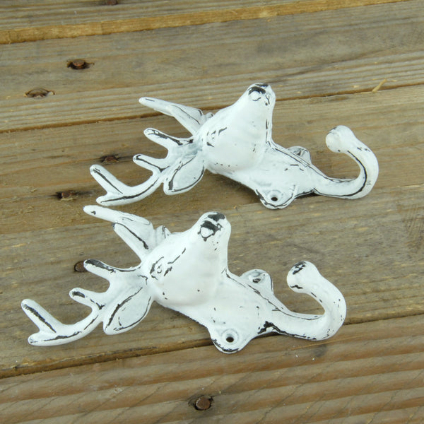Set of 2 White Stags Head Deer Cast Iron Wall Hooks Coat Rack Pegs