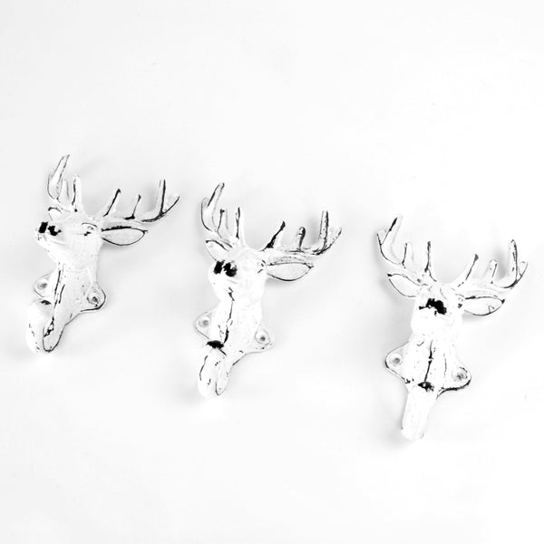 Set of 3 White Stags Head Deer Cast Iron Wall Hooks Coat Rack Pegs