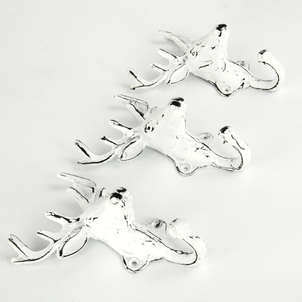 Set of 3 White Stags Head Deer Cast Iron Wall Hooks Coat Rack Pegs