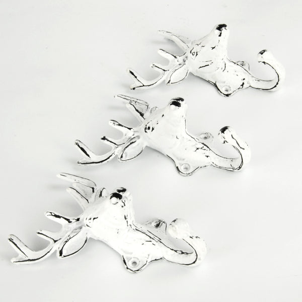 Set of 3 White Stags Head Deer Cast Iron Wall Hooks Coat Rack Pegs