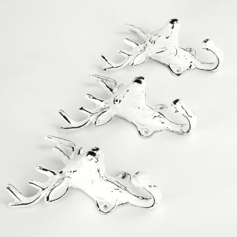 Set of 3 White Stags Head Deer Cast Iron Wall Hooks Coat Rack Pegs