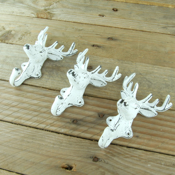 Set of 3 White Stags Head Deer Cast Iron Wall Hooks Coat Rack Pegs
