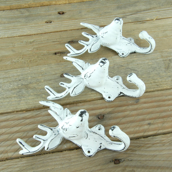 Set of 3 White Stags Head Deer Cast Iron Wall Hooks Coat Rack Pegs