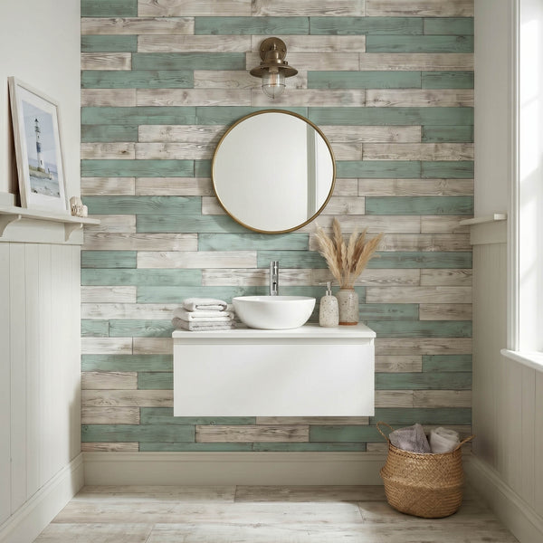 The Coastal Contrast Wooden Wall Tiles Cladding Panelling White & Teal Green