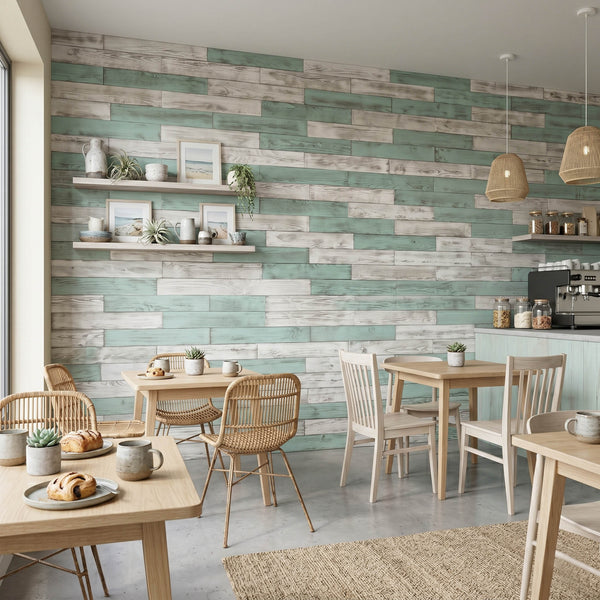 The Coastal Contrast Wooden Wall Tiles Cladding Panelling White & Teal Green