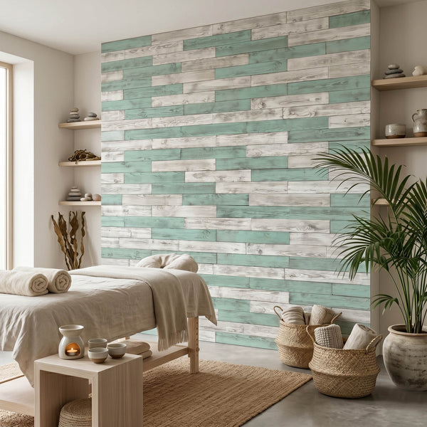 The Coastal Contrast Wooden Wall Tiles Cladding Panelling White & Teal Green