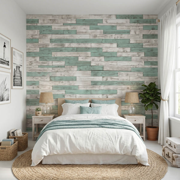 The Coastal Contrast Wooden Wall Tiles Cladding Panelling White & Teal Green