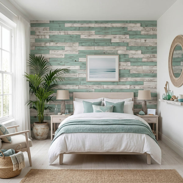 The Coastal Contrast Wooden Wall Tiles Cladding Panelling White & Teal Green