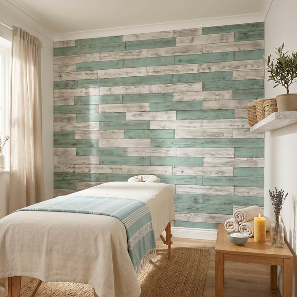 The Coastal Contrast Wooden Wall Tiles Cladding Panelling White & Teal Green
