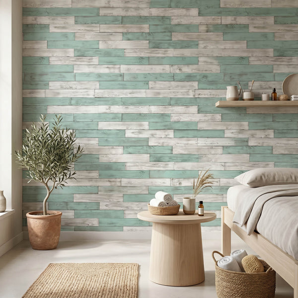 The Coastal Contrast Wooden Wall Tiles Cladding Panelling White & Teal Green