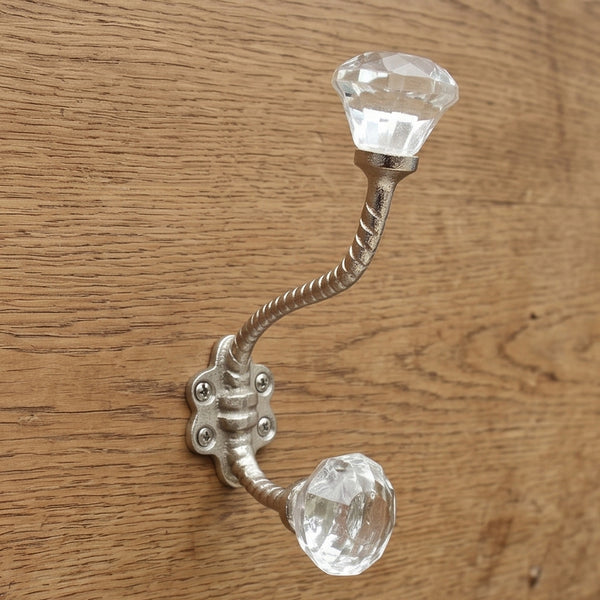 Vintage Style Cast Iron Wall Hook with Clear Glass knobs