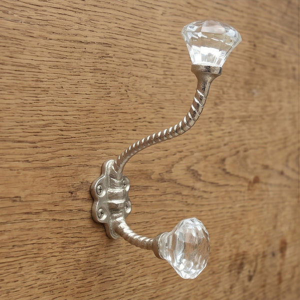 Vintage Style Cast Iron Wall Hook with Clear Glass knobs