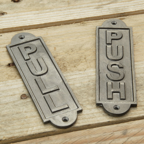 A Jones & Grey Vintage Style Cast Iron Metal PUSH or PULL Door Sign Plaque
