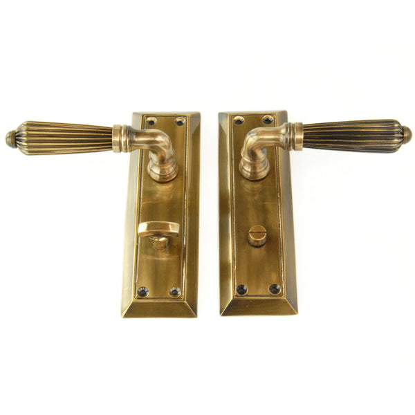 Antique Solid Brass Regency Reeded Lever Door Handles on Long Backplate