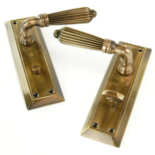 Antique Solid Brass Regency Reeded Lever Door Handles on Long Backplate