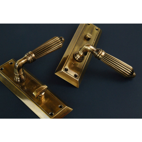 Antique Solid Brass Regency Reeded Lever Door Handles on Long Backplate