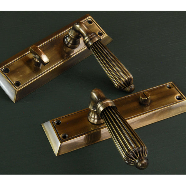 Antique Solid Brass Regency Reeded Lever Door Handles on Long Backplate