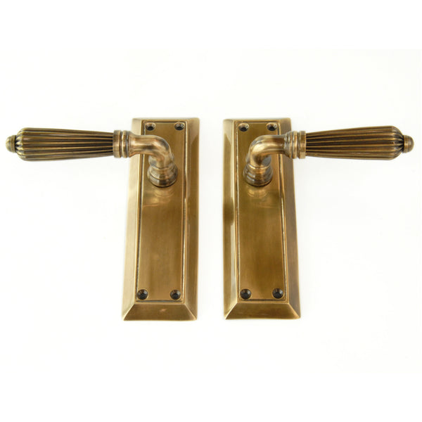 Antique Solid Brass Regency Reeded Lever Door Handles on Long Backplate