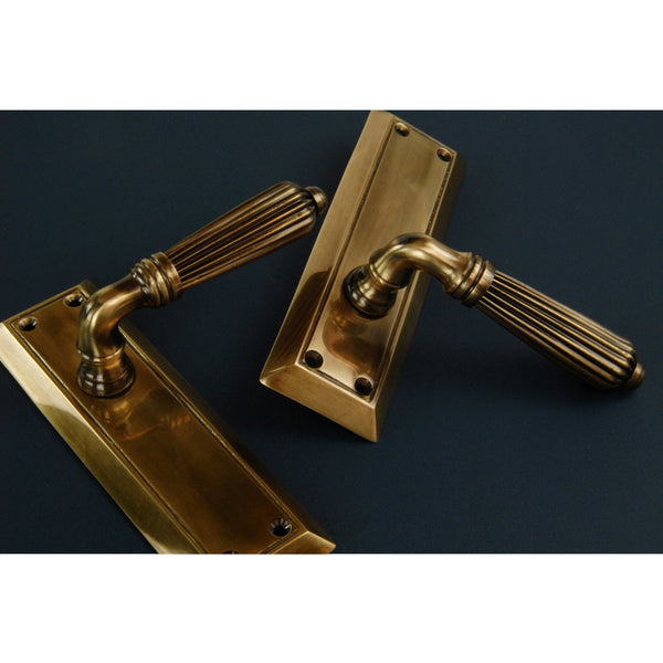Antique Solid Brass Regency Reeded Lever Door Handles on Long Backplate