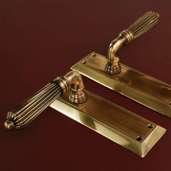 Antique Solid Brass Regency Reeded Lever Door Handles on Long Backplate