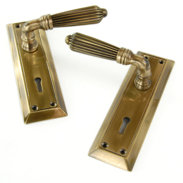 Antique Solid Brass Regency Reeded Lever Door Handles on Long Backplate