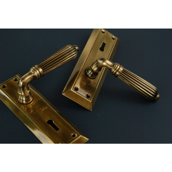 Antique Solid Brass Regency Reeded Lever Door Handles on Long Backplate