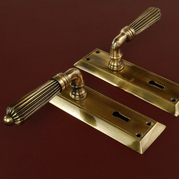 Antique Solid Brass Regency Reeded Lever Door Handles on Long Backplate