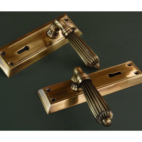 Antique Solid Brass Regency Reeded Lever Door Handles on Long Backplate