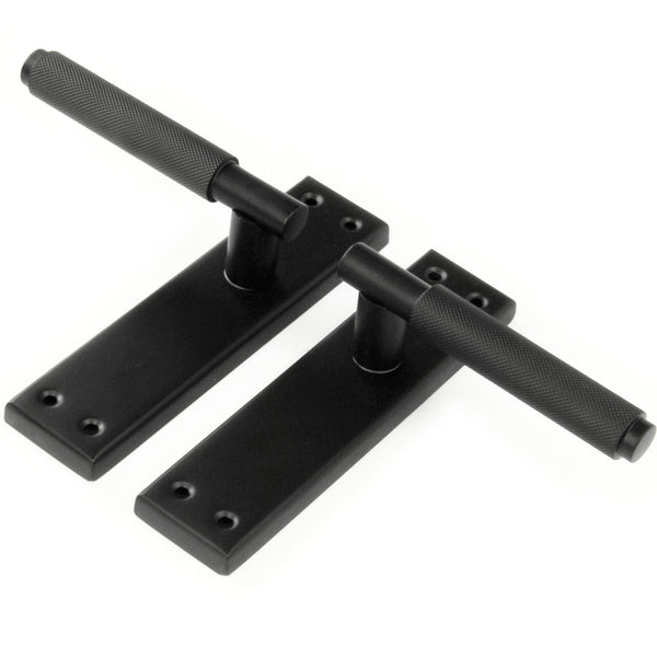 Satin Matt Black Knurled Door Lever Handles on a Long 7" Back Plate