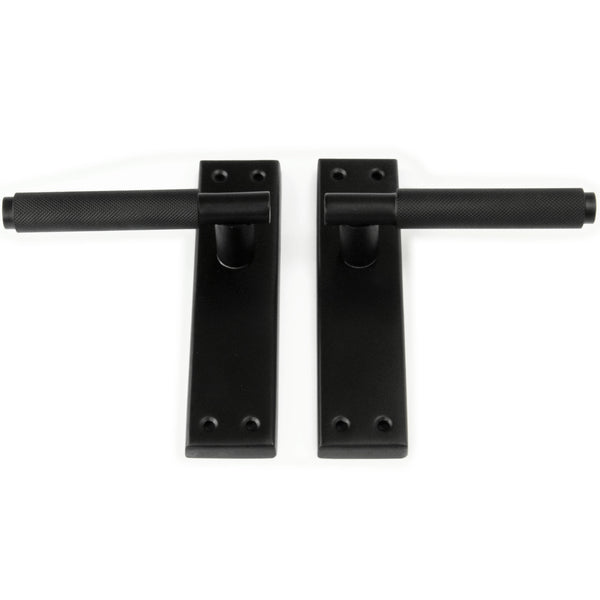 Satin Matt Black Knurled Door Lever Handles on a Long 7" Back Plate