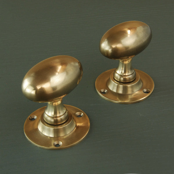 Aged Unlacquered Solid Brass Vintage Style Oval Door Knobs Handles