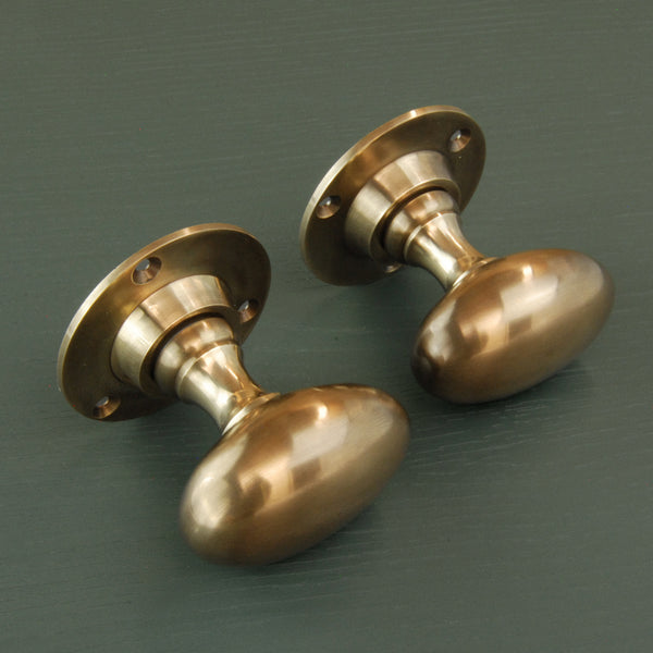 Aged Unlacquered Solid Brass Vintage Style Oval Door Knobs Handles
