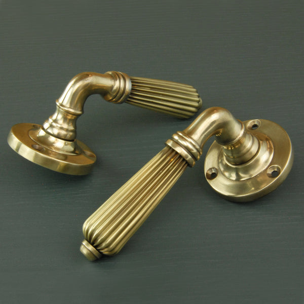 Aged Unlacquered Solid Brass Vintage Regency Reeded Lever Door Handles