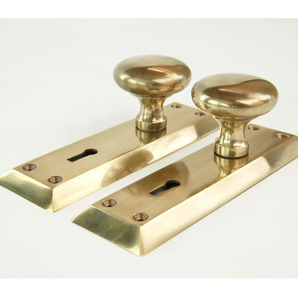 Aged Unlacquered Solid Brass Newport Round Door Knobs Handles on Long Backplate