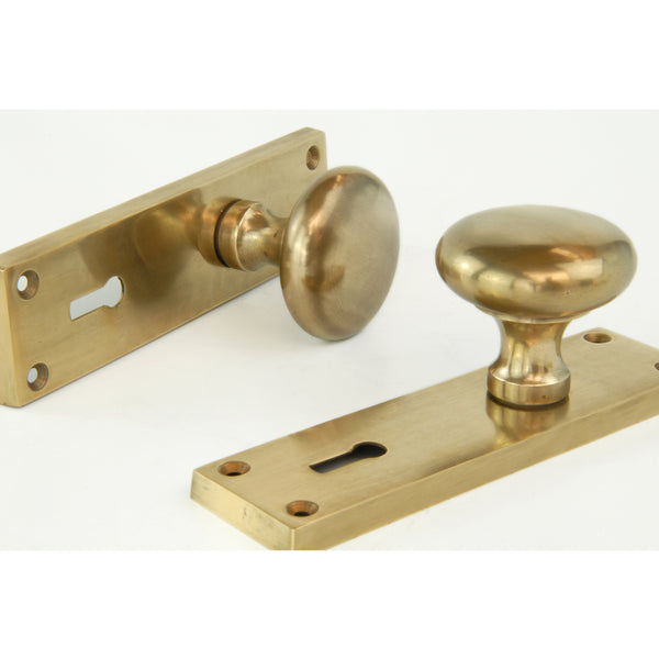 Aged Unlacquered Solid Brass New York Round Door Knobs Handles on Backplate