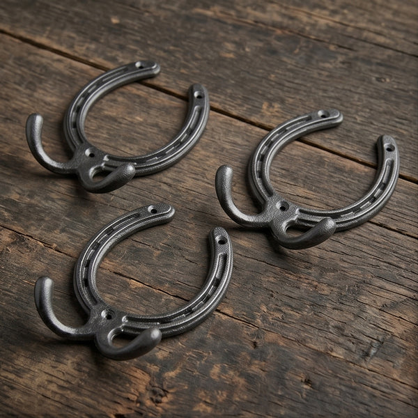 Horseshoe Cast Iron Double Wall Hooks  - Set of 3