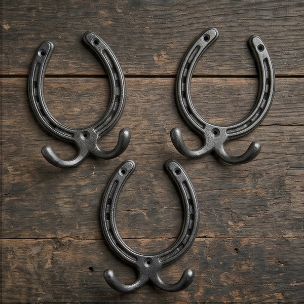 Horseshoe Cast Iron Double Wall Hooks  - Set of 3