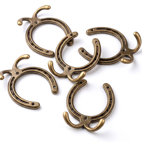 Antique Brass Horseshoe Cast Iron Double Wall Hooks - Set of 5