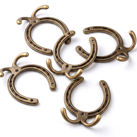 Antique Brass Horseshoe Cast Iron Double Wall Hooks - Set of 5