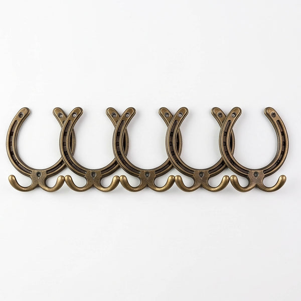 Antique Brass Horseshoe Cast Iron Double Wall Hooks - Set of 5