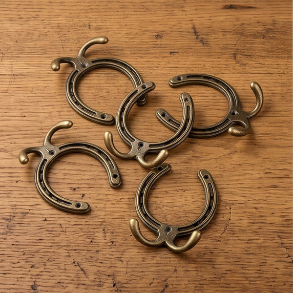 Antique Brass Horseshoe Cast Iron Double Wall Hooks - Set of 5